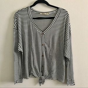 Stripped Blouse| Tie bottom | faux button | Spring